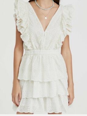 Love The Label Eyelet Ruffle Tiered Mini Dress Ivory Coquette Cottagecore M
